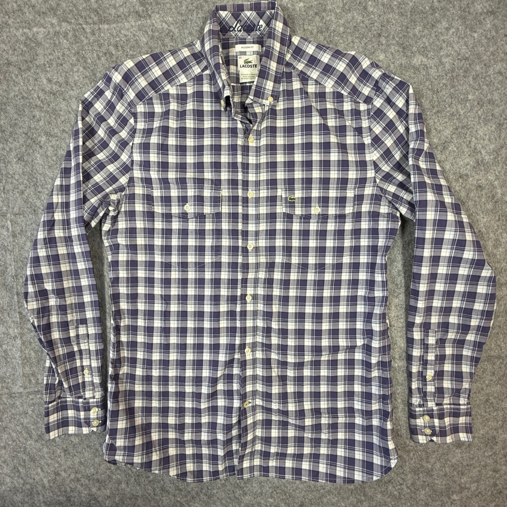 Lacoste Button Down Shirt Mens 40 Navy White Plaid Modern Fit Long Sleeve Cotton